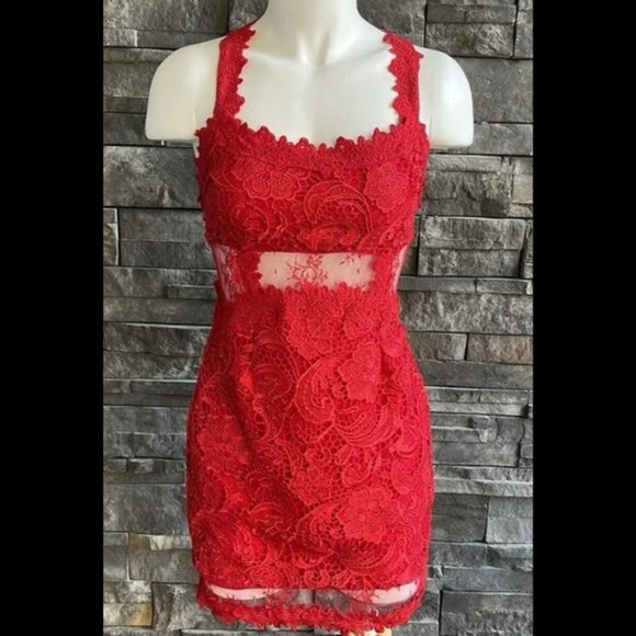 Venus Red Mini Dress Lace With Mesh Cutouts Womens - Picture 3 of 4